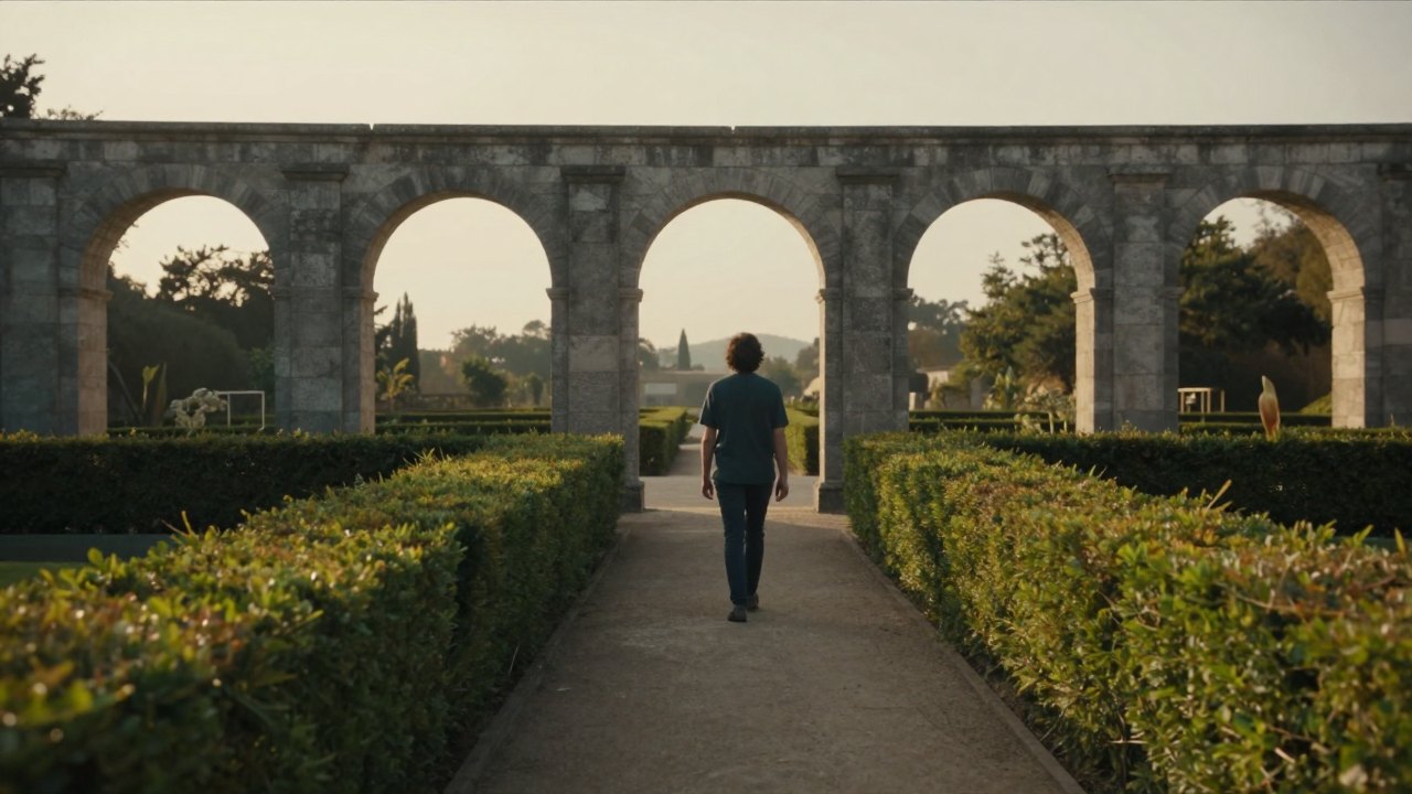 Person seen from behind walking a garden path through several different stone archways
