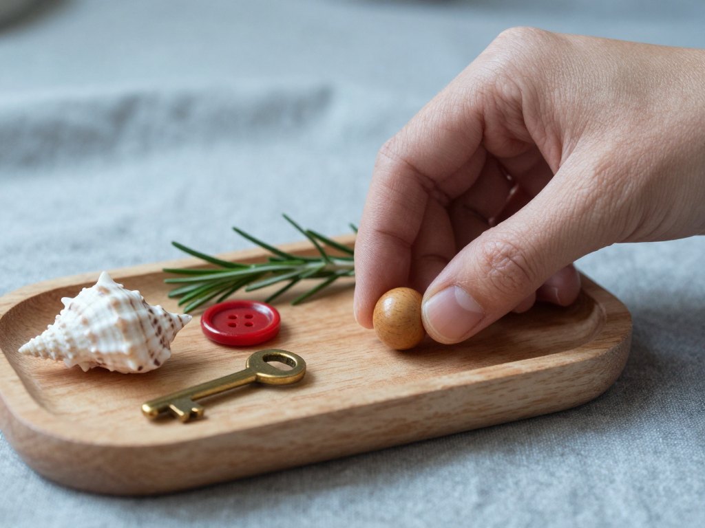 A hand placing a wooden bead beside a shell, red button, brass key and rosemary on a tray