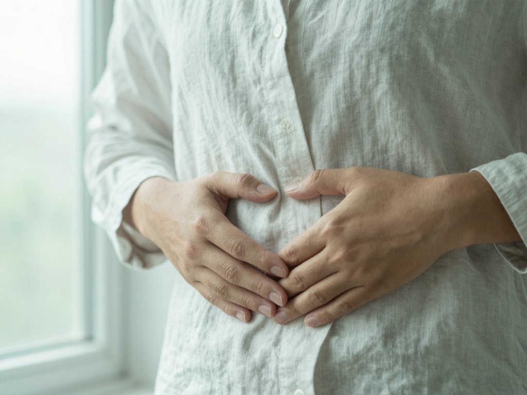 Hands resting on the lower ribs of a singer standing by a window