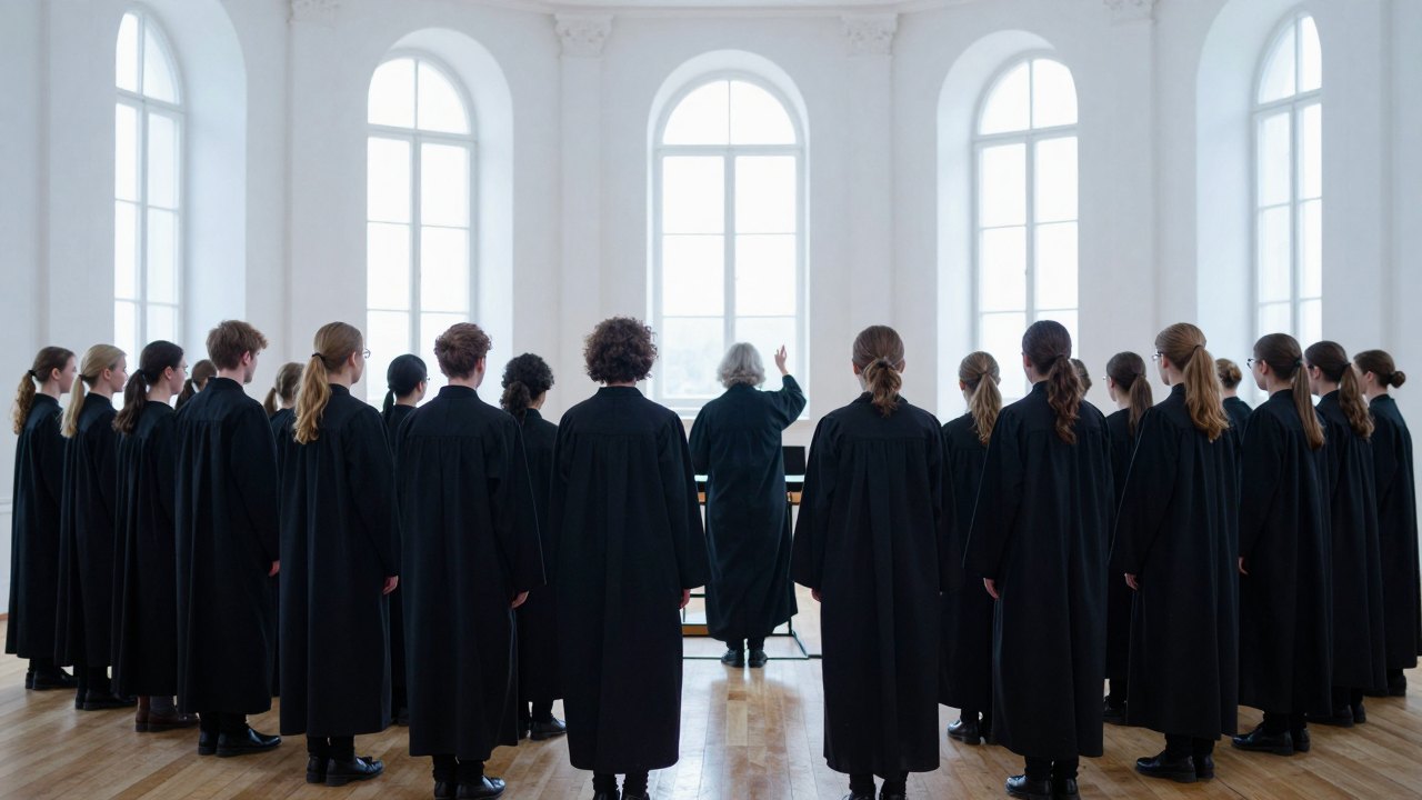 Choir in dark robes seen from behind rehearsing in a bright arched hall