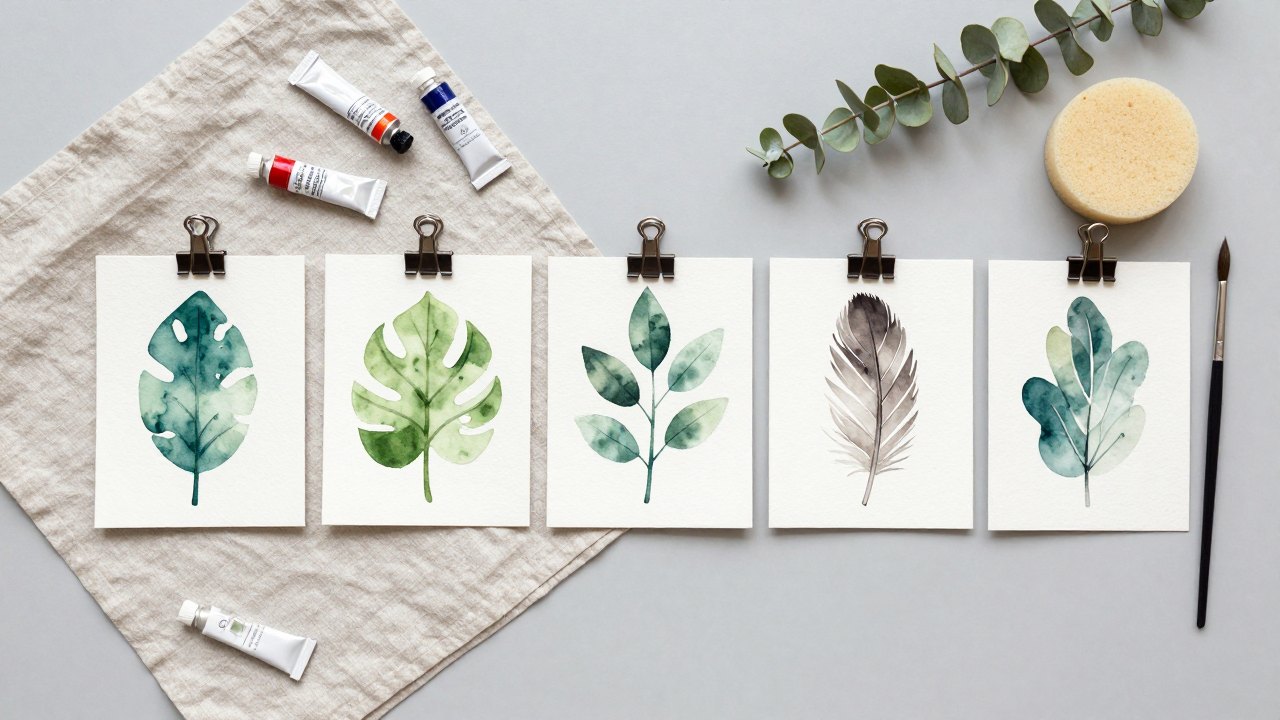 Flat lay of watercolor supplies, a sponge and eucalyptus beside drying leaf paintings
