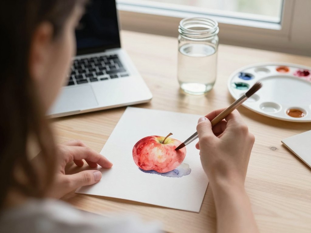 Hands painting a half-finished watercolor apple at a desk with a closed laptop and water jar