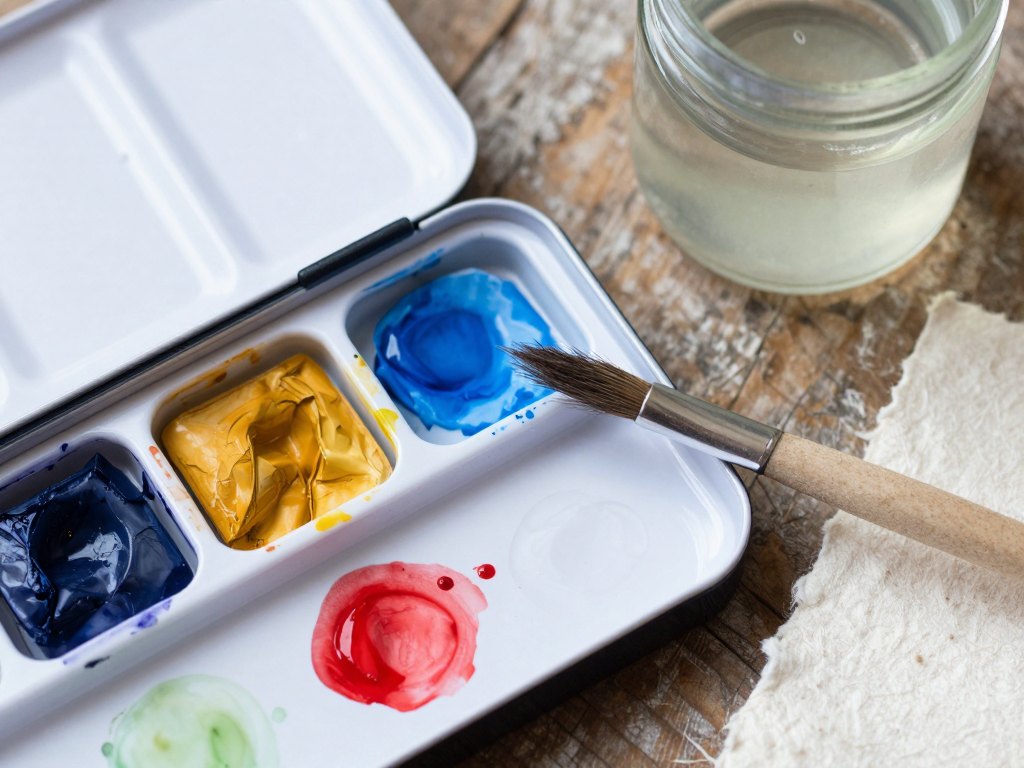 Small palette with three watercolour paints, mixed washes, a brush and a jar of water