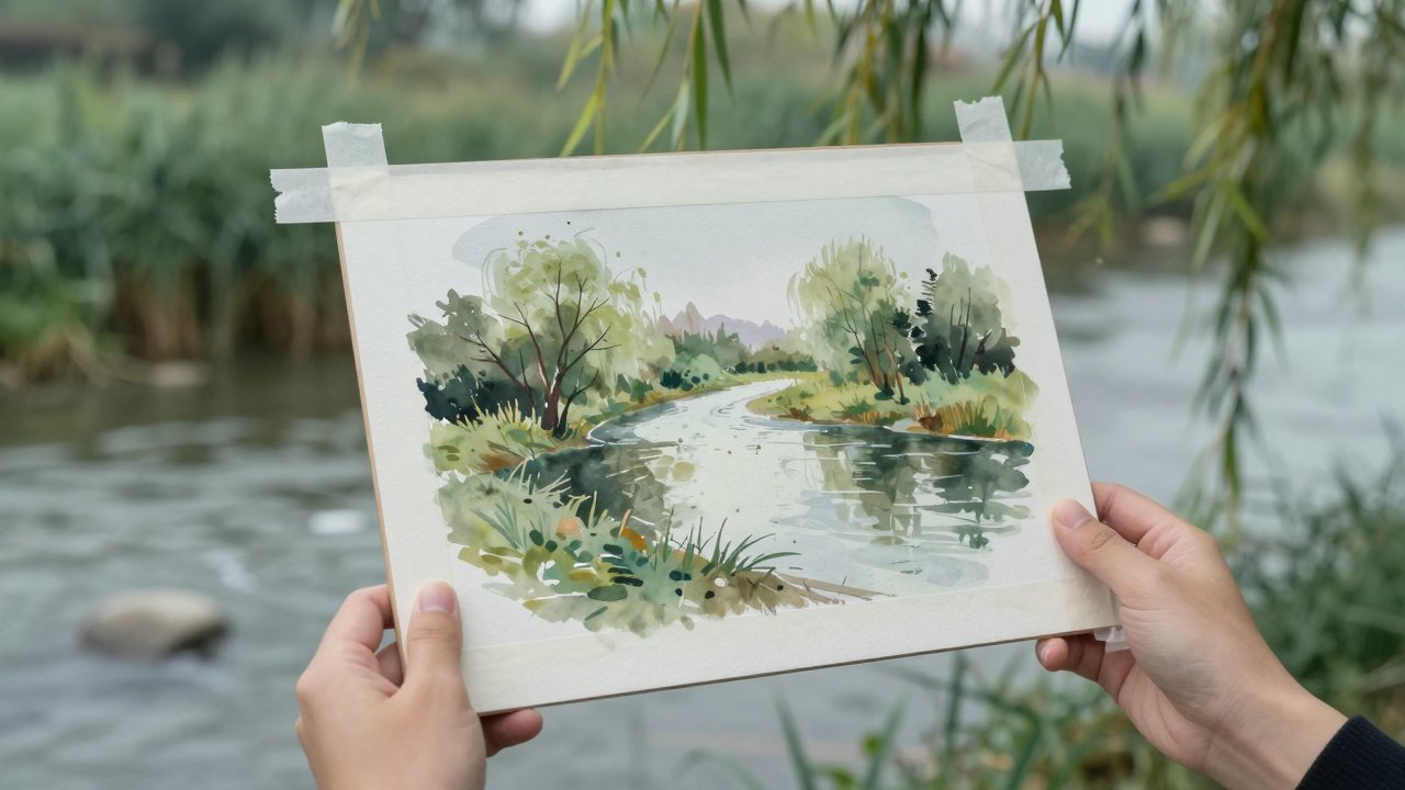 Hands holding a finished watercolour landscape study beside a stream with reeds