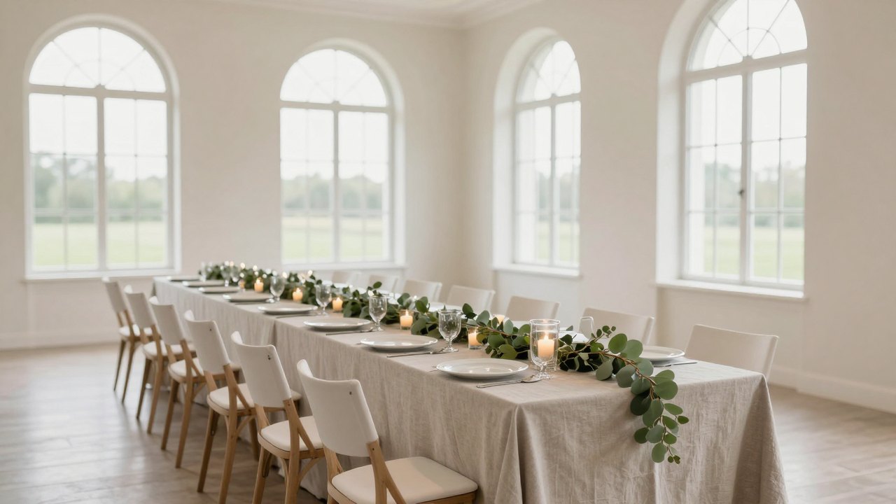 Long banquet table with eucalyptus garland and candles in a bright empty venue
