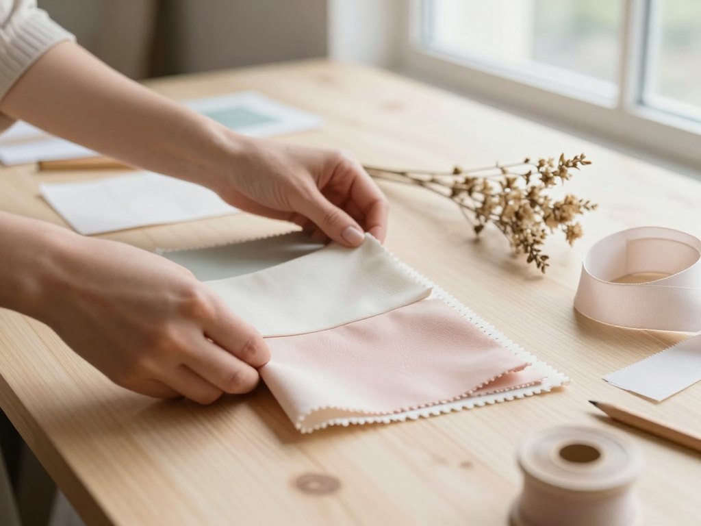 Hands arranging fabric swatches, ribbon and dried flowers on a wooden table
