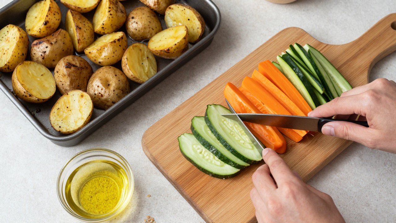 Hands chopping colourful vegetables on a board next to roasted potatoes and grains