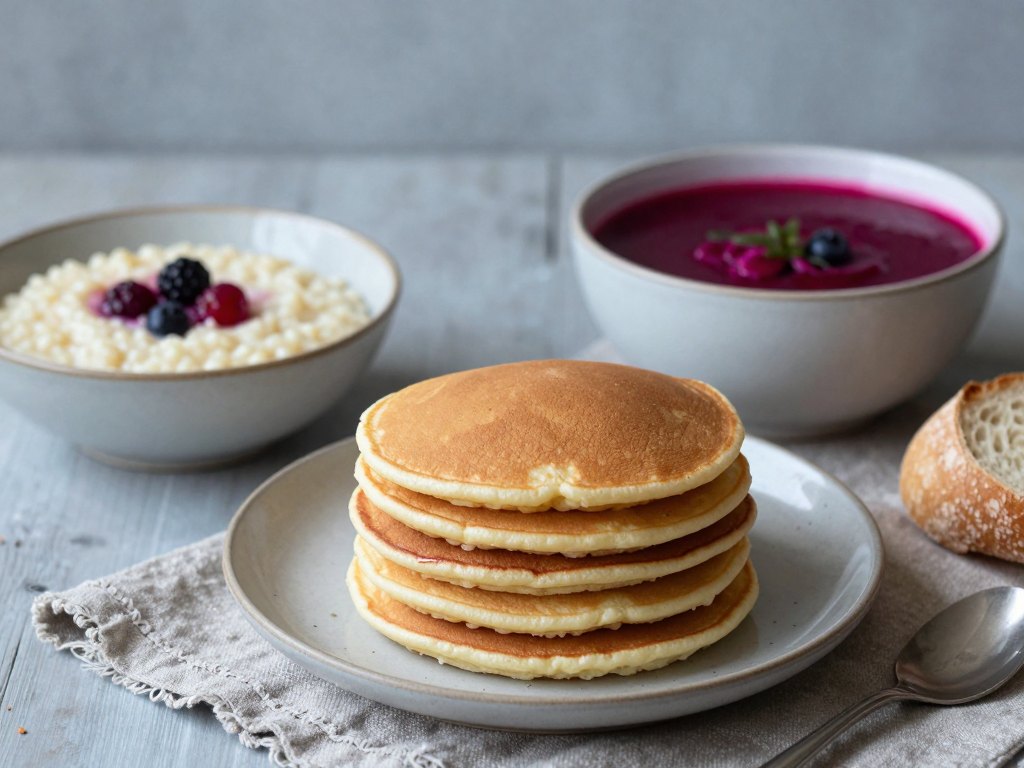 Pancakes, porridge, beet soup and fresh bread arranged together on a rustic table