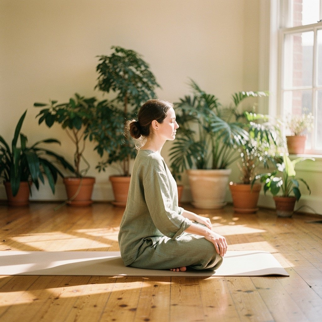 Woman meditating cross-legged on a mat among potted plants