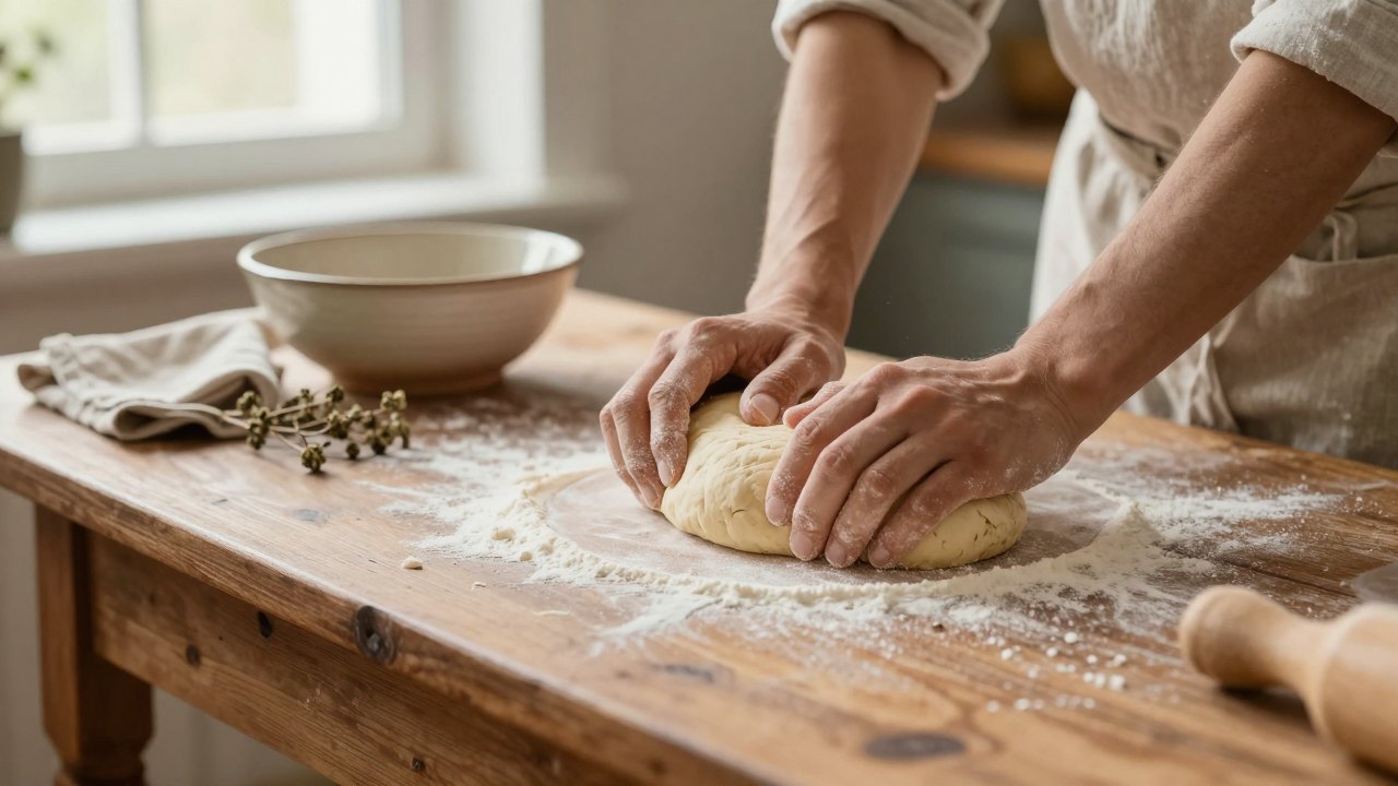 Elderly hands kneading dough on a floured wooden table beside a ceramic bowl and dried herbs