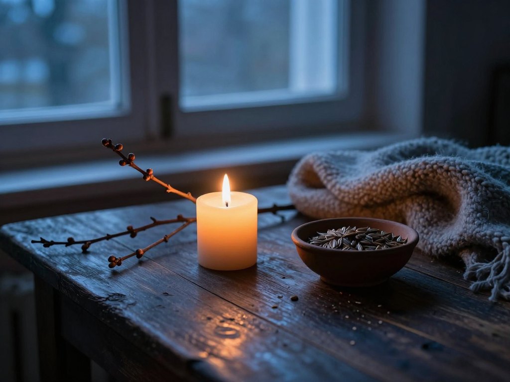 Candle, budding twig and bowl of seeds on a dark wooden table in winter light