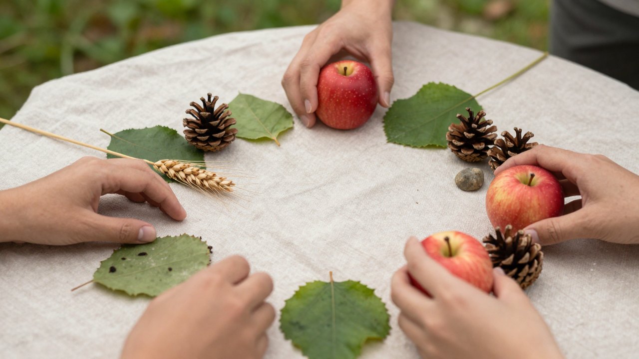 Hands arranging leaves, wheat, apples and pine cones in a circle on linen