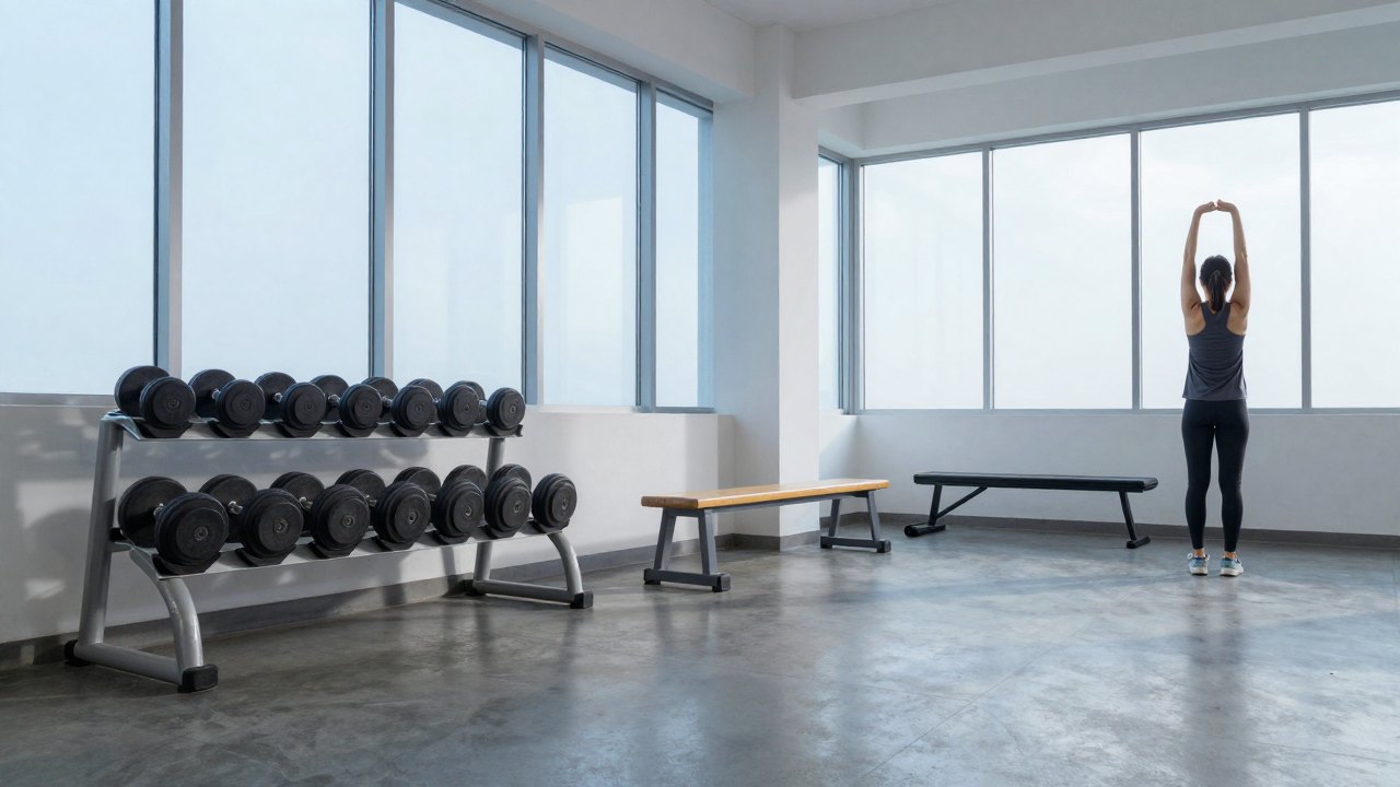 Quiet bright gym with dumbbell rack, bench and a distant woman stretching