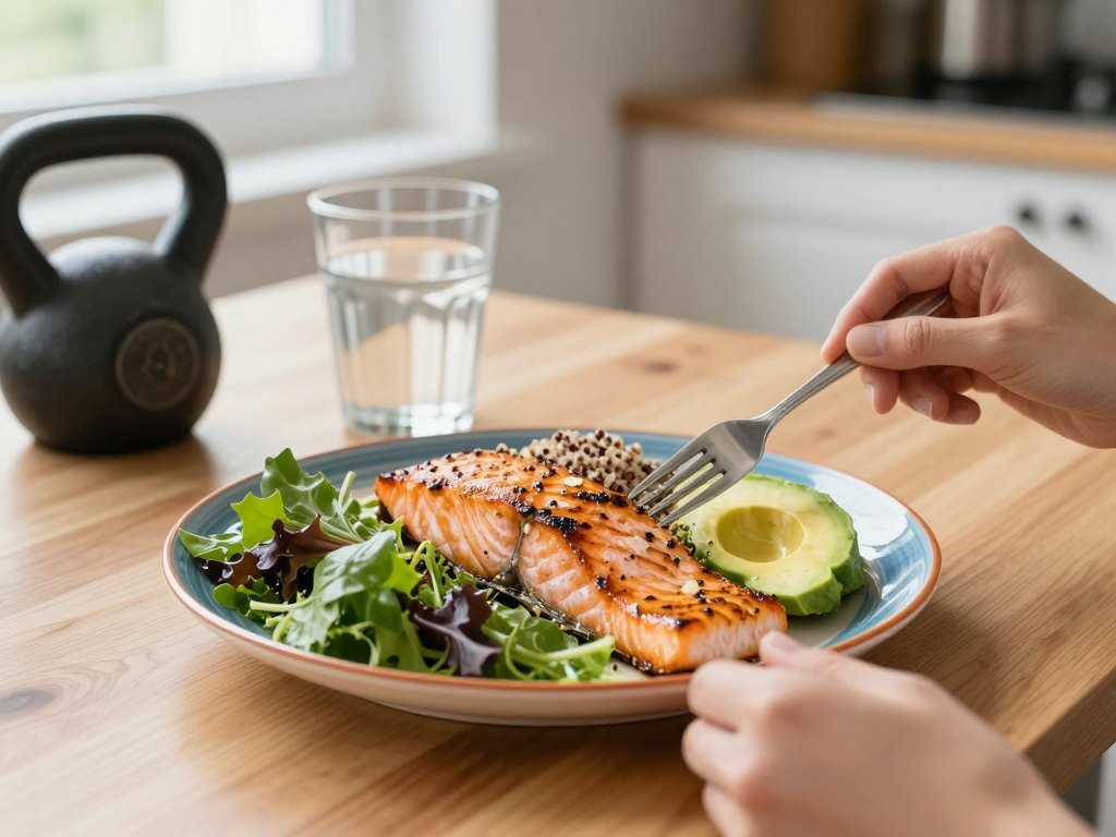 Balanced meal on a wooden table beside a small kettlebell