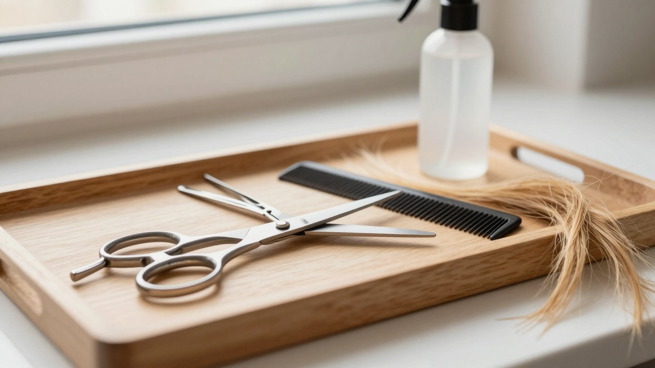 Hairdressing shears, comb and sectioning clips arranged on a wooden tray beside cut hair strands