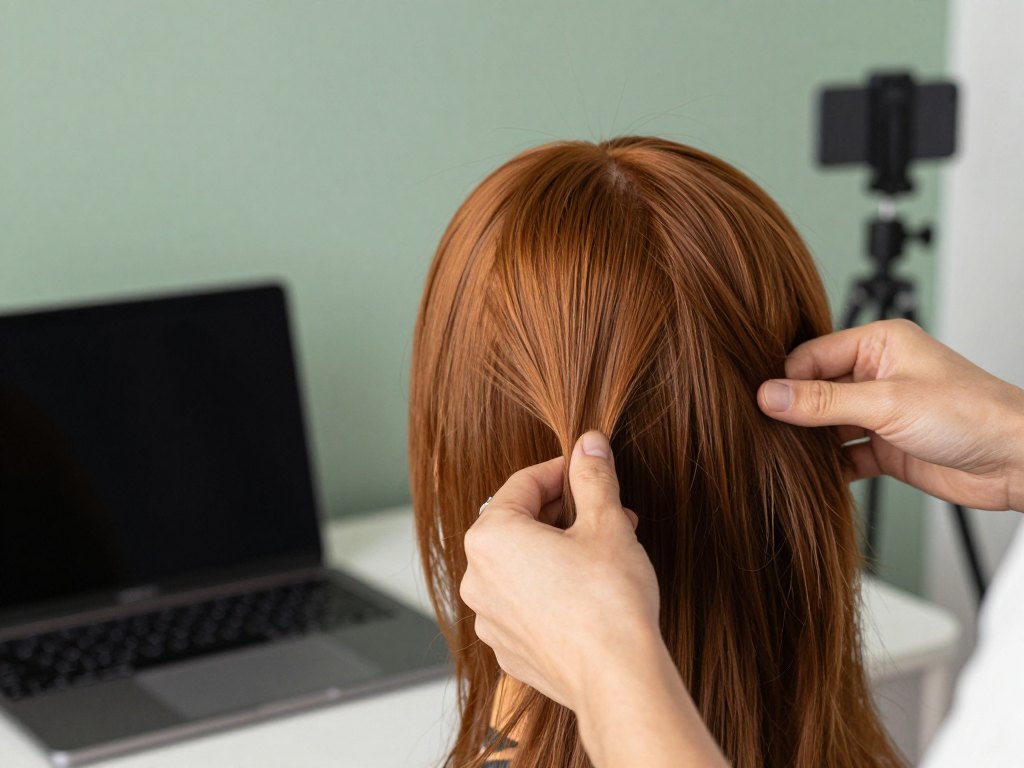 Hands cutting layers into a mannequin's long hair at a practice desk with a closed laptop