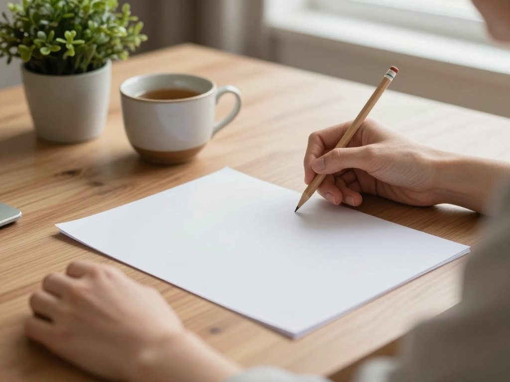 Hands holding a pencil over blank paper on a wooden table beside a cup of tea