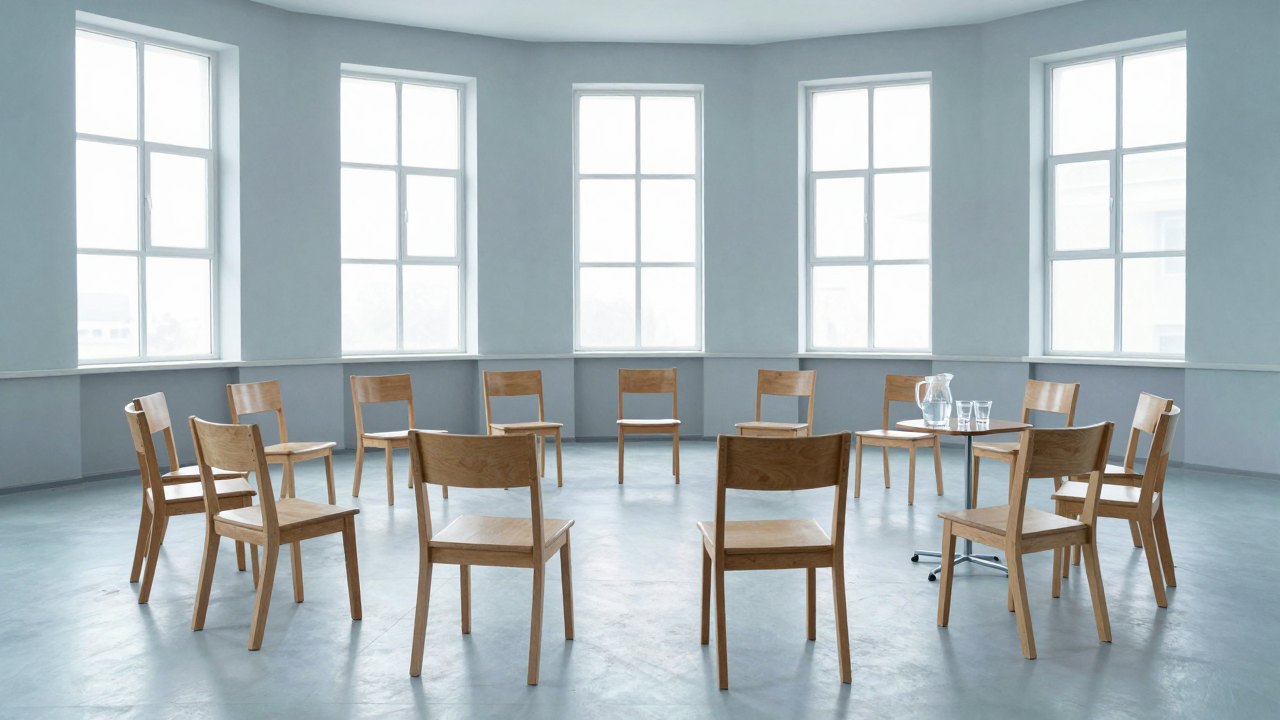 Circle of empty wooden chairs in a bright community hall with sunlight from tall windows