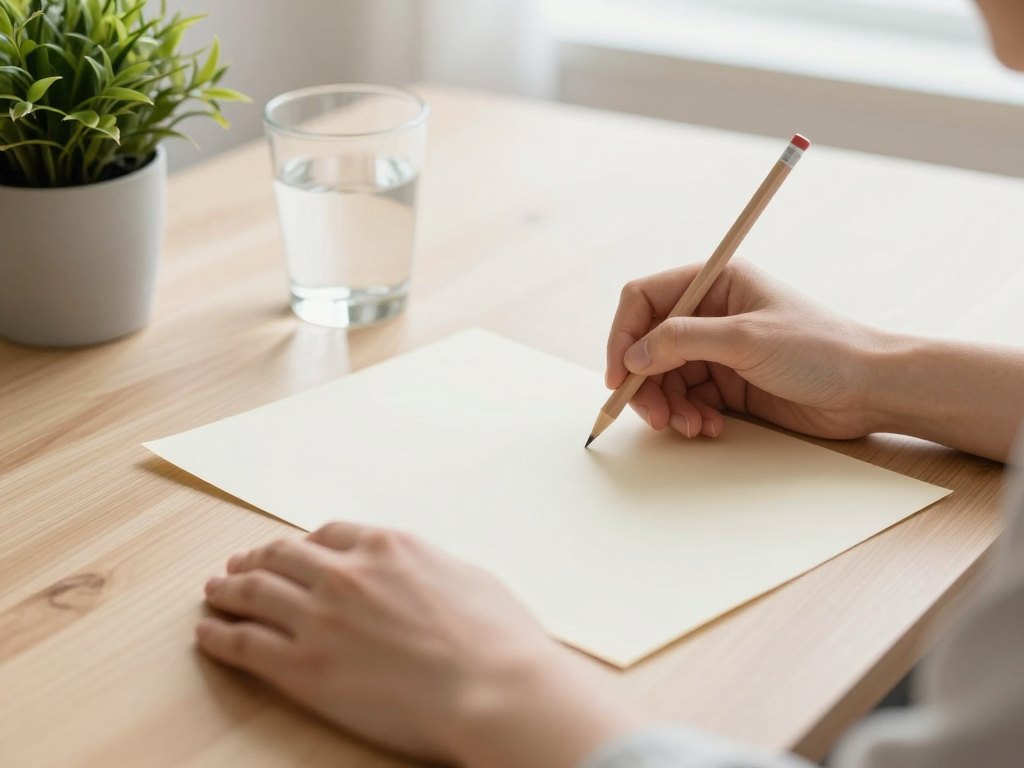 Hands holding a pencil over blank paper on a wooden desk beside a plant