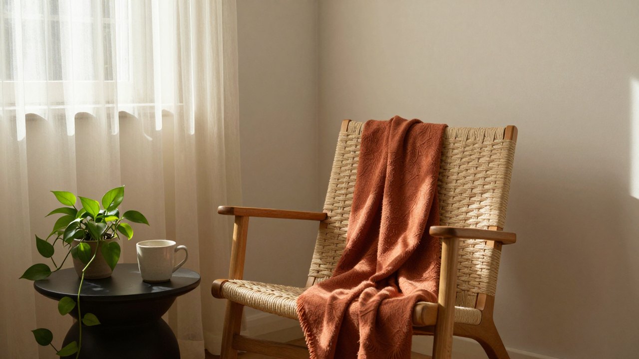 Sunlit armchair with terracotta blanket, mug and trailing plant beside an open window