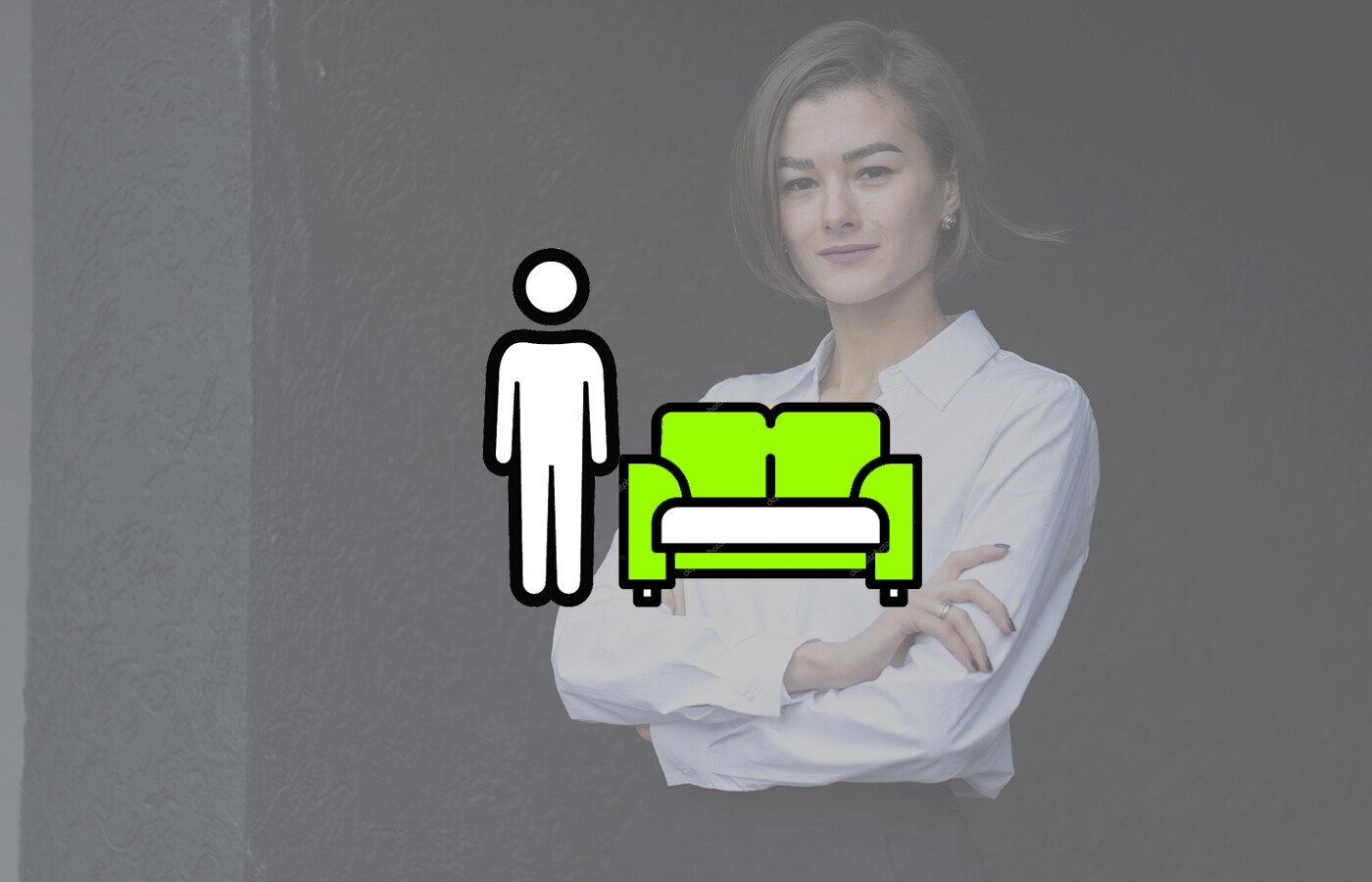 Designer beside a sofa icon, illustrating furniture layout planning