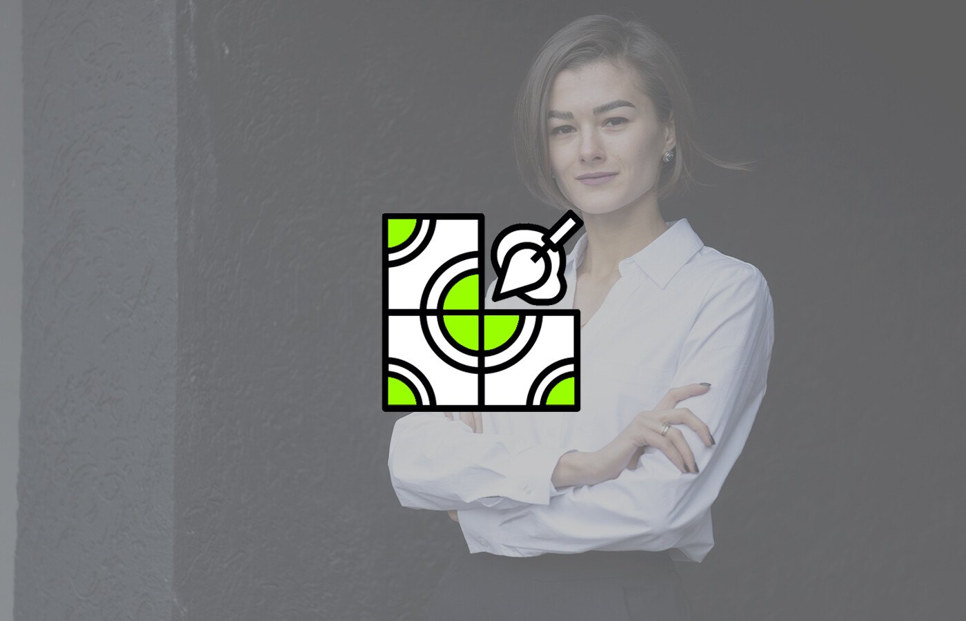 Designer with arms crossed next to a tile and trowel icon, representing finishing works