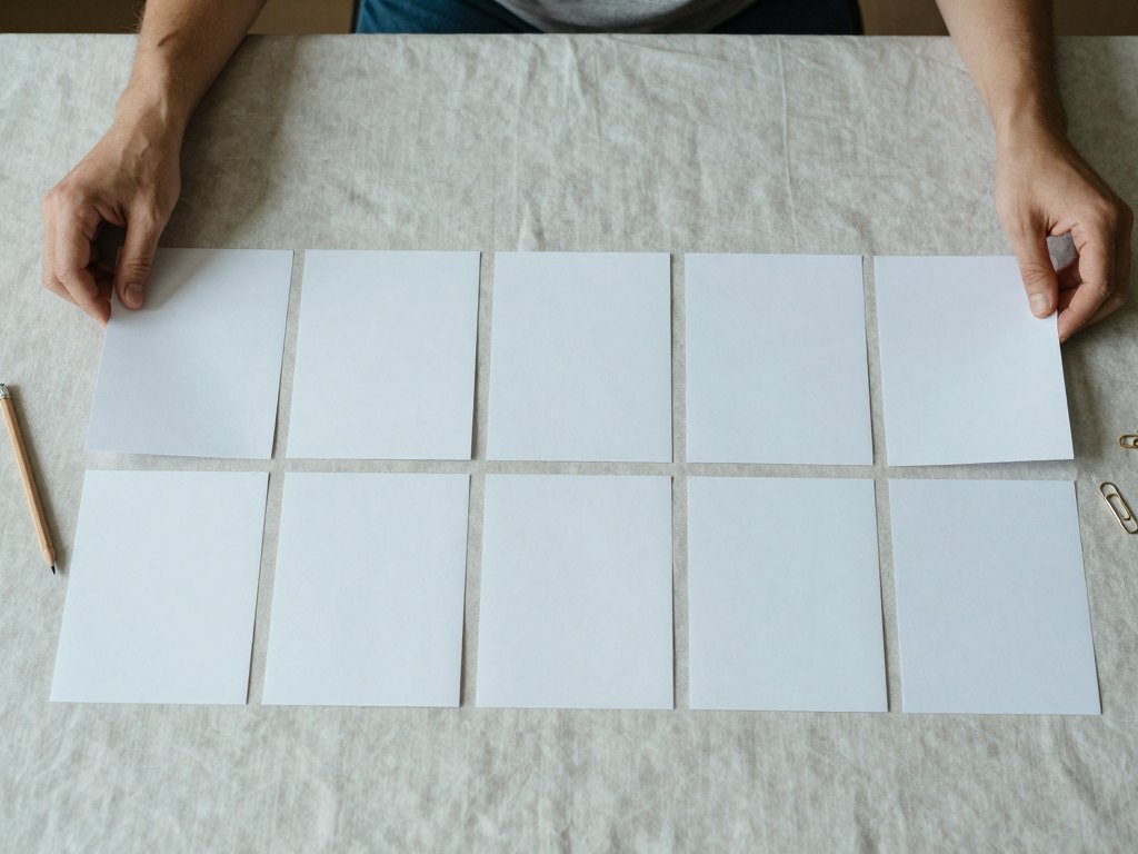 Hands arranging seven blank sheets of paper in a row on a table