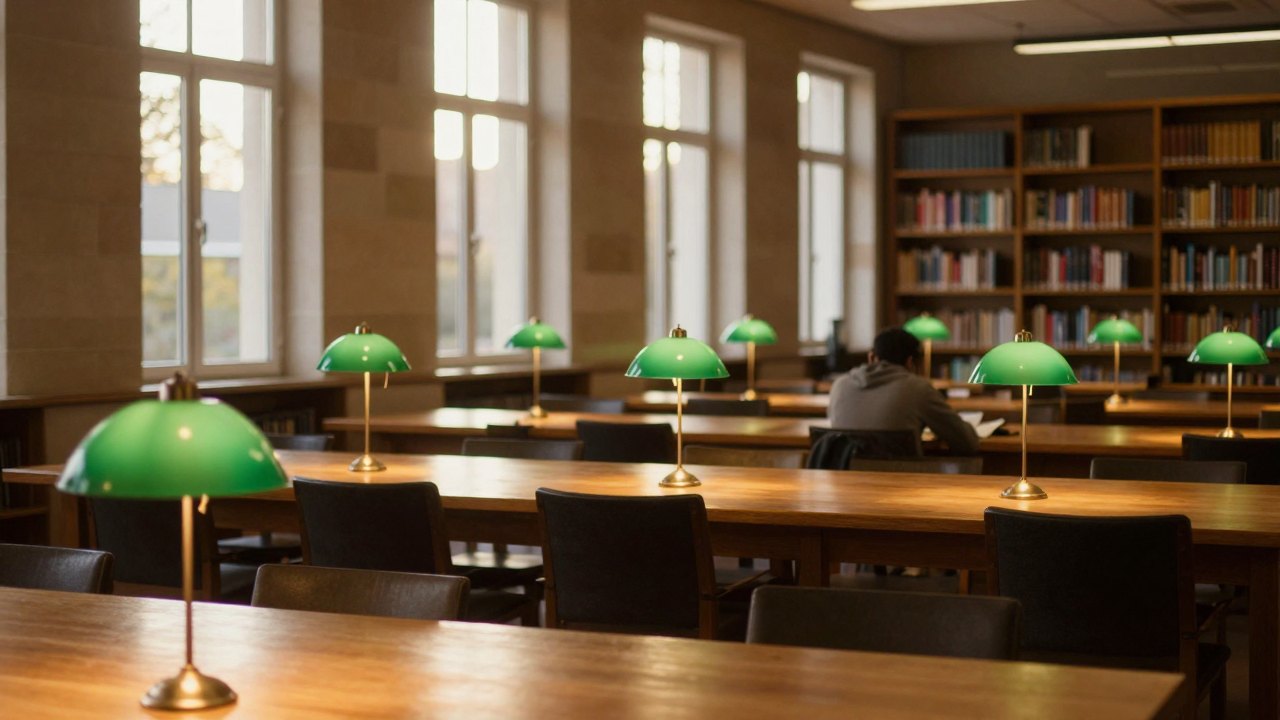 Quiet library reading hall with oak tables and a distant student in golden light