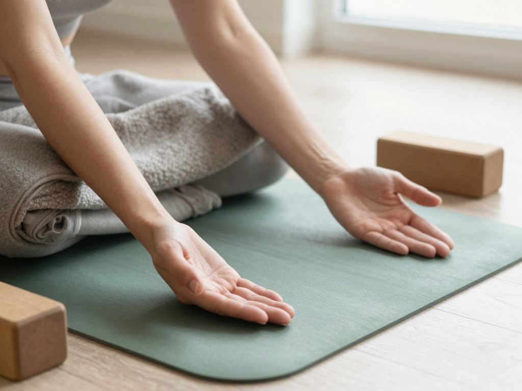 Hands resting on knees on a green yoga mat beside a folded blanket and wooden block