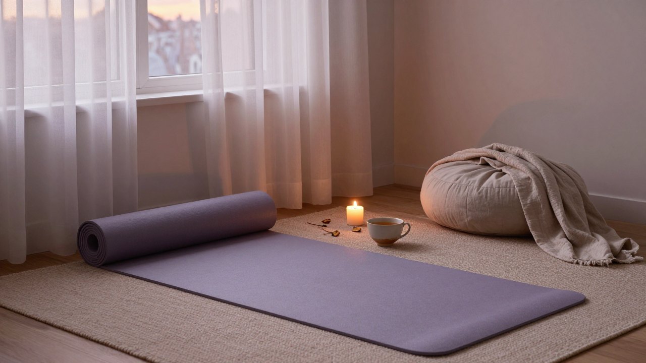 Evening yoga corner with mat, bolster, blanket, tea and candle in warm light