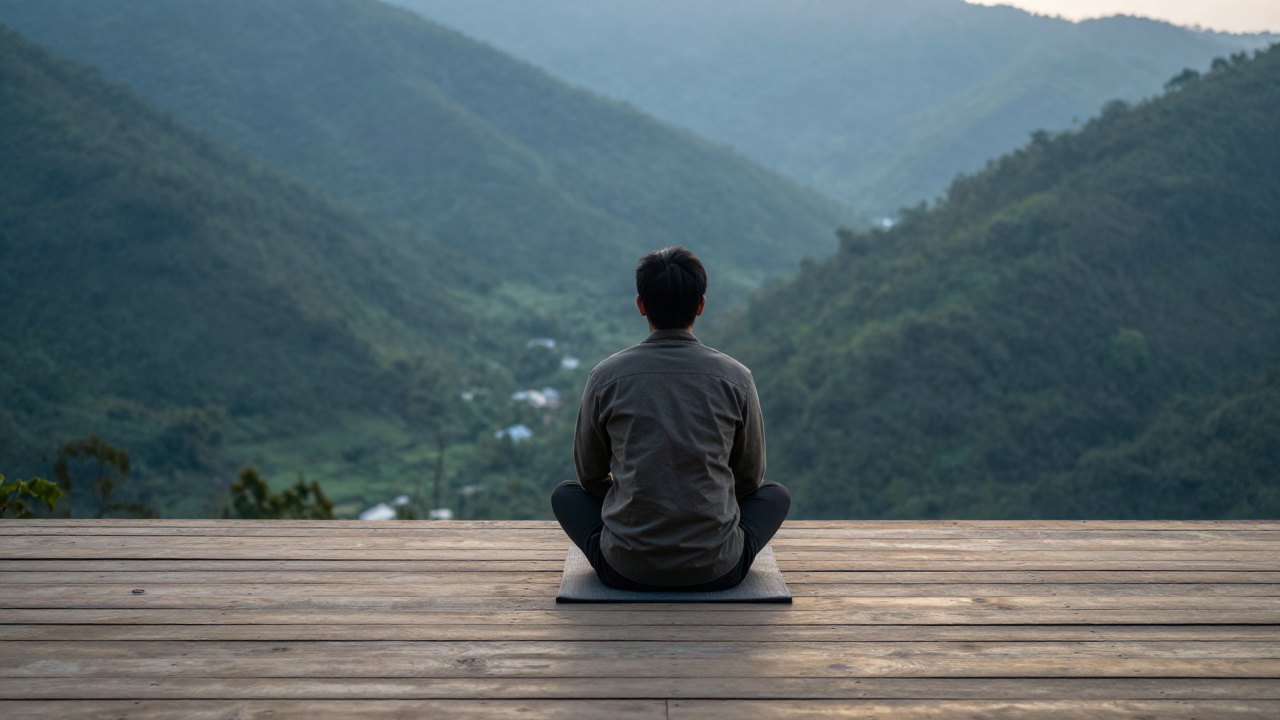 Person seated in meditation on a deck at sunrise above a misty valley, seen from behind