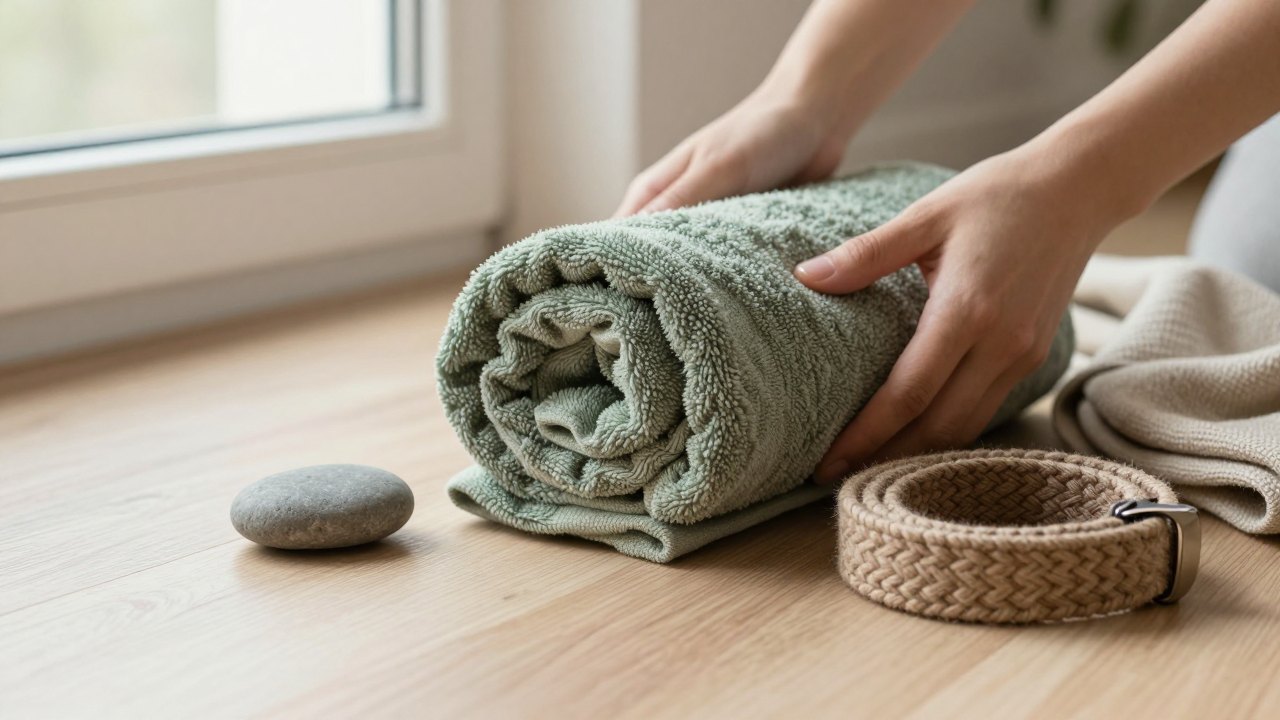 Rolled linen towel, smooth stone and woven belt on an oak floor beside a folded wool blanket